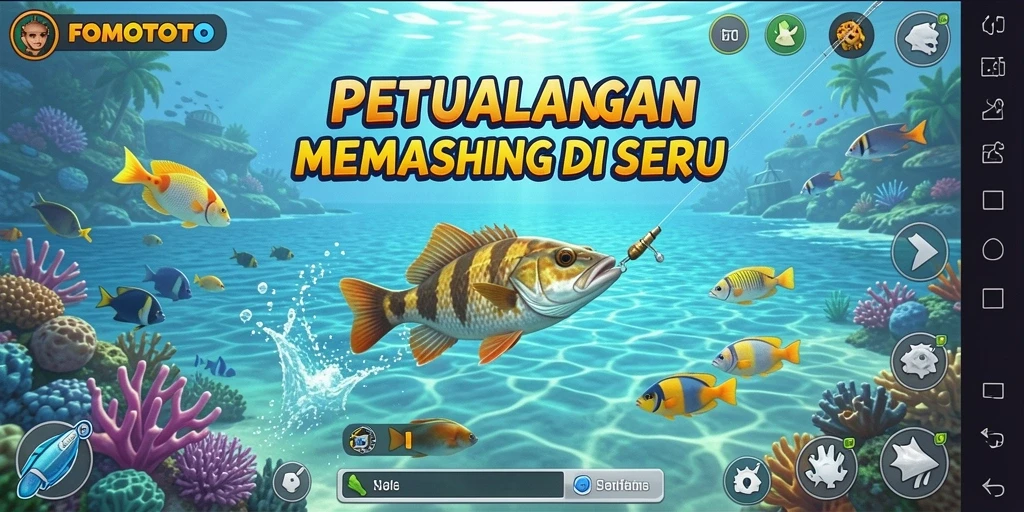 Screenshot gameplay FOMOTOTO menampilkan pengalaman memancing yang seru dan mendebarkan.