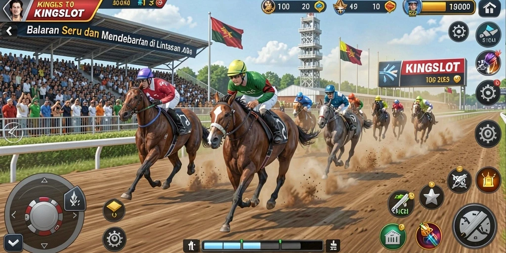 Screenshot gameplay KINGSLOT menunjukkan aksi balapan seru dan mendebarkan.