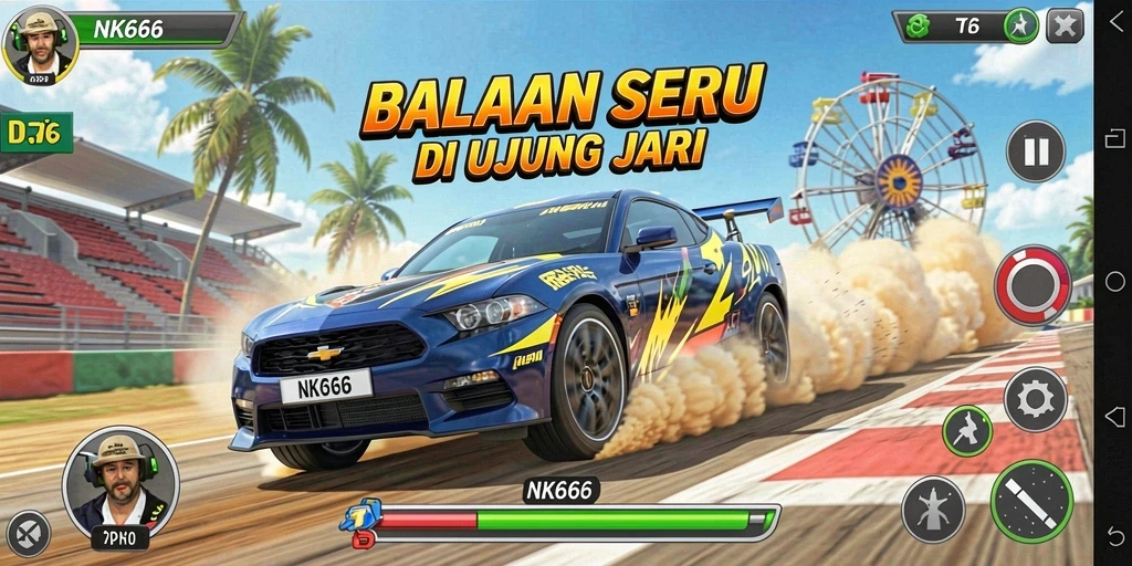 Gameplay NK666 menampilkan balapan cepat dan seru di berbagai trek.